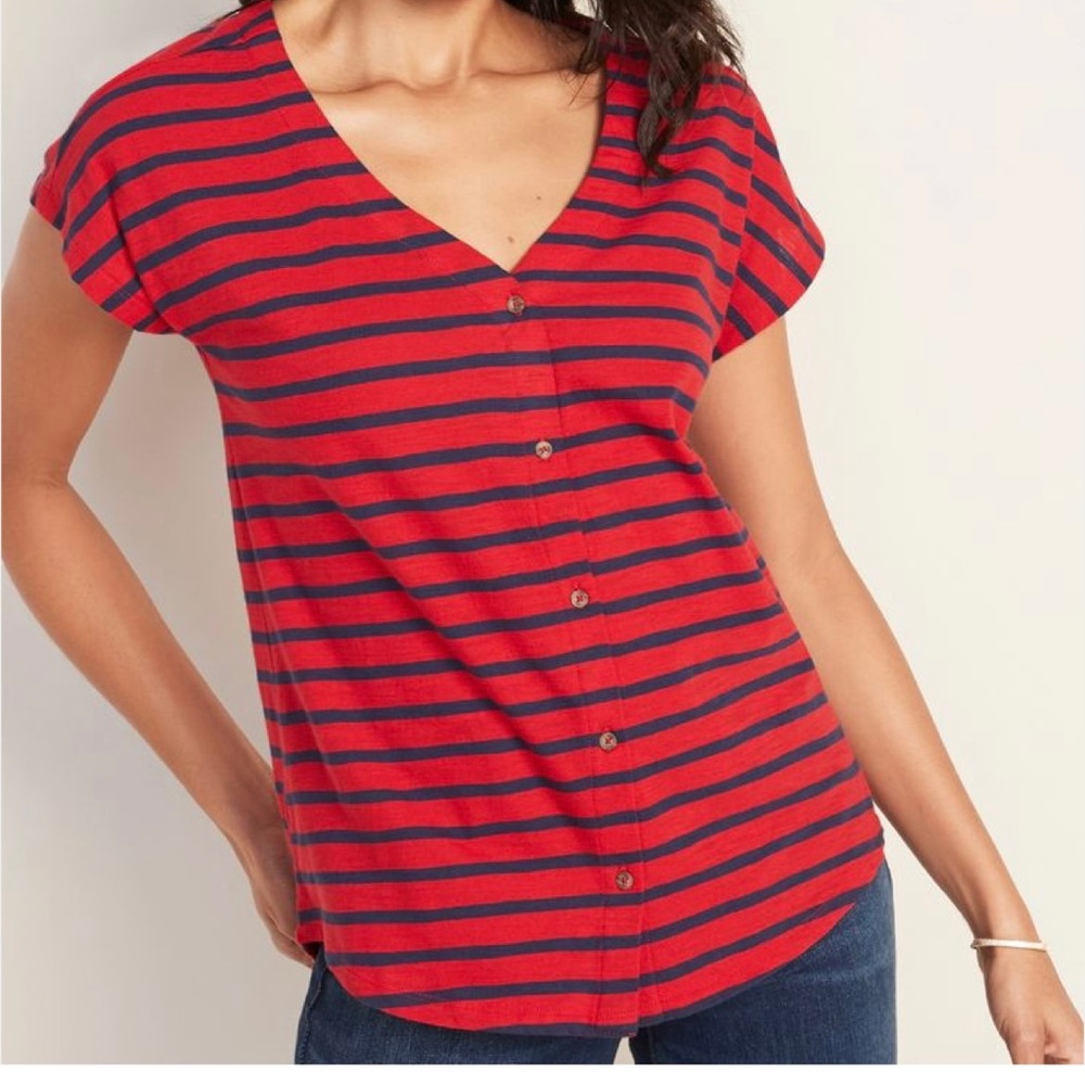 Red & navy Striped button-front v-neck top XXL